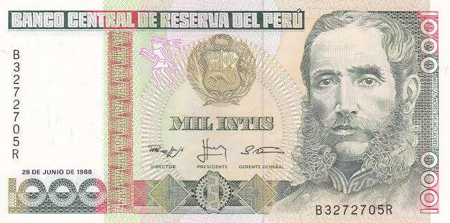 Peru Banknotes 1000 Intis banknote 1988 Marshal Andres Avelino Caceres