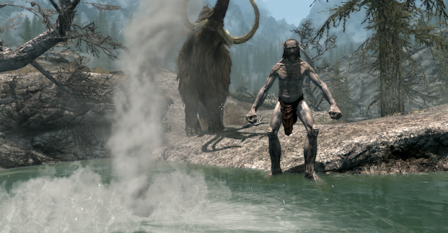A mammoth and a giant standing by a hot pool in Eastmarch