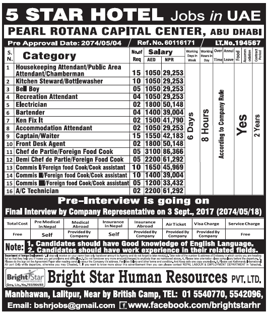 Jobs in 5 Star Hotel in Abu Dhabi for Nepali, Salary Rs 86,366