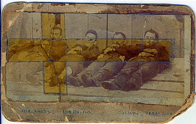 Dalton Gang Postcard, front: Bill Powers (aka Tom Evans), Bob Dalton, Grat Dalton en Dick Broadwell (aka Texas Jack)