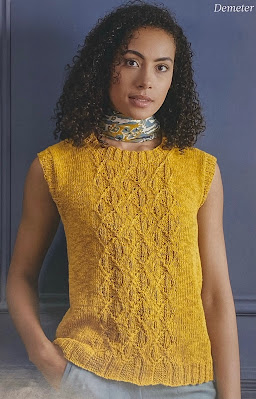 Image of a magazine page showing a beautiful model wearing a gold colour knitted sleeveless top