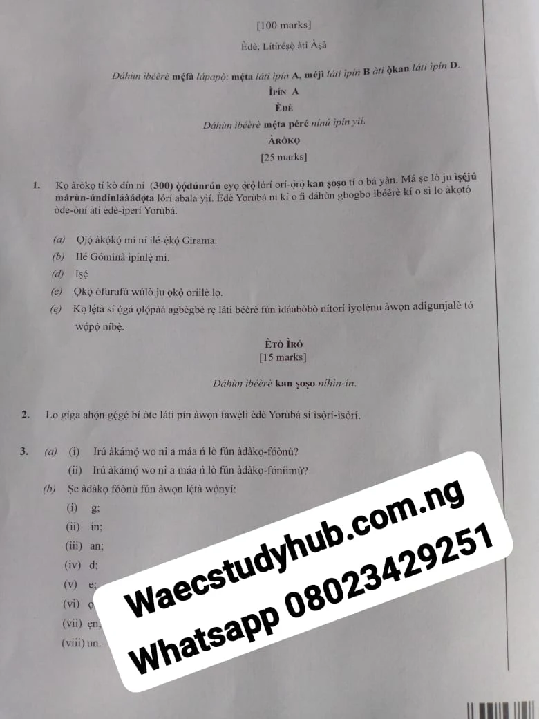 WAEC GCE Yoruba past question