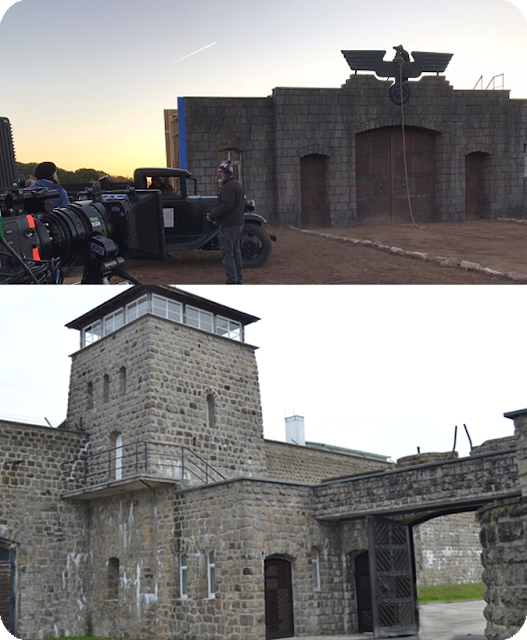 Arriba, escenario recreado para la película. Abajo, estado actual de la puerta del campo de concentración de Mathaussen