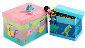 toy boxes with mermaids and dinosaurs