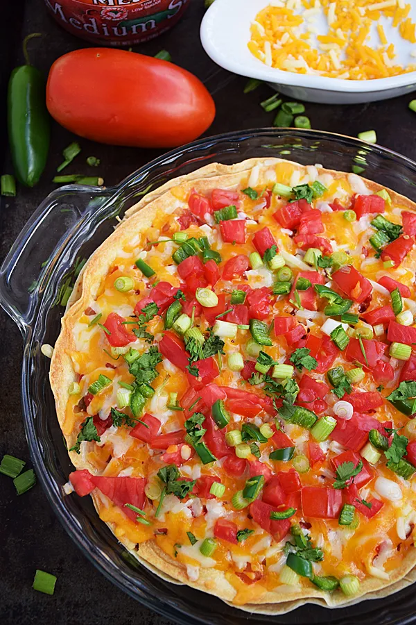 Whole taco pie in glass pie dish