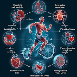 Diagram illustrating the physiological benefits of micro workouts: Boosting metabolism, enhancing energy levels, improving cardiovascular health, and managing blood sugar levels