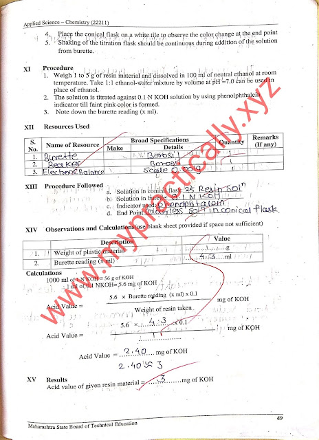 Acid value of resin Applied Chemistry Practical Answers Diploma Manaul answers -mypractically
