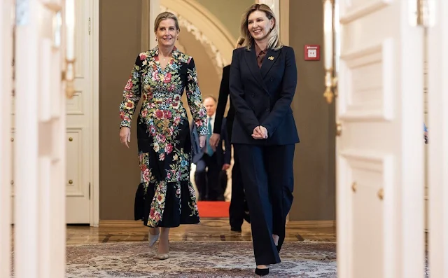 Duchess of Edinburgh wore a floral print cotton midi dress by Etro. The Duchess met with First Lady Olena Zelenska