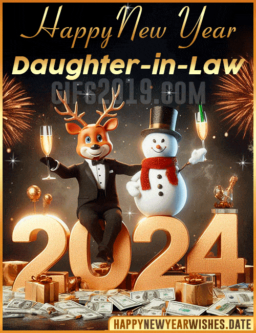 Happy New Year 2024 Reindeer Snowman gif for Daughter-in-Law