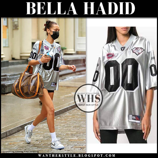 Bella Hadid in silver football jersey and grey sneakers