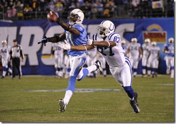 03 January 2009:  San Diego's Antonio Cromartie #31 breaks up a pass intended for Indianapolis' Reggie Wayne #87 during the San Diego Chargers' 23-17 playoff victory over the Indianapolis Colts at Qualcomm Stadium in San Diego, CA.