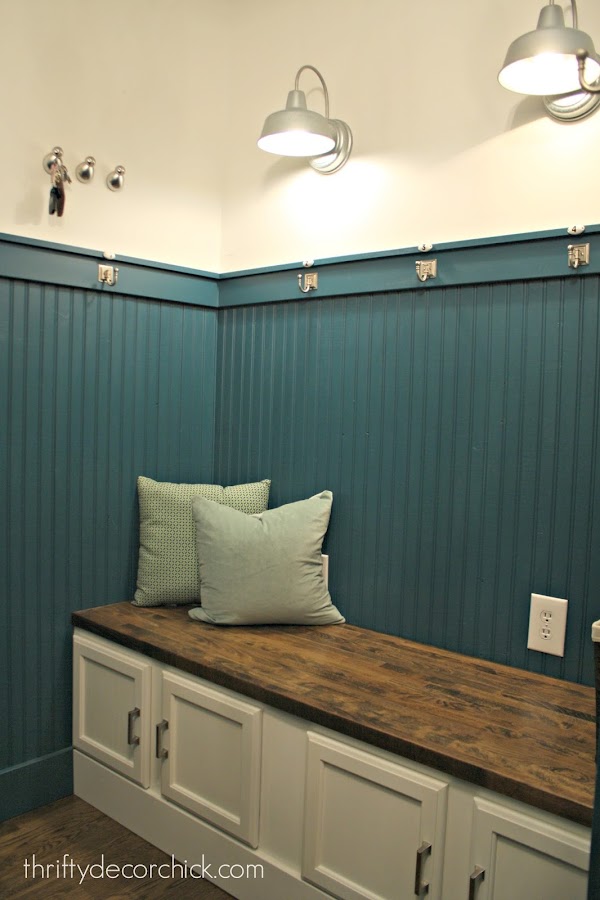 Mud room bench from kitchen cabinets