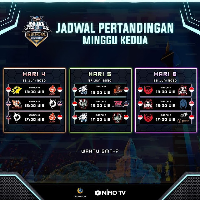  Nation Cup minggu kedua akan dimulai pada tanggal  √  Jadwal MPL Invitational Week 2 Terbaru: Duel ONIC vs AURA