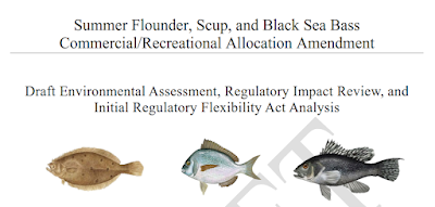 Screen shot of top part of document cover page; Summer Flounder, Scup, and Black Sea Bass Commercial/Recreational Allocation Amendment - Draft Environmental Assessment, Regulatory Impact Review, and Initial Regulatory Flexibility Act Analysis; and images of summer flounder, scup, and black sea bass