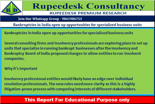 Bankruptcies in India open up opportunities for specialized business units - Rupeedesk Reports - 27.06.2022