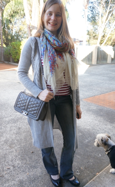 Winter print mixing stripes blanket scarf flares and wool maxi cardigan | AwayFromBlue