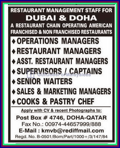 Dubai and Doha restaurent job Vacancies