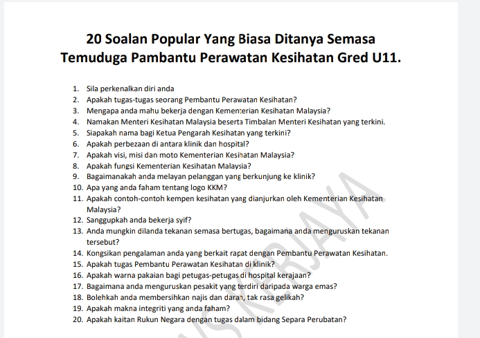 20 Soalan Temuduga Pembantu Perawatan Kesihatan Gred U11 Ppk U11