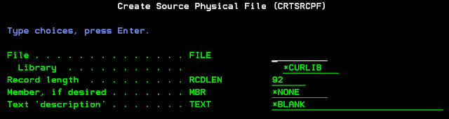 CRTSRSCPF, Create source physical file,Create source physical file in as400, Create source physical file in ibmi, source physical file in AS400, source physical file in ibmi