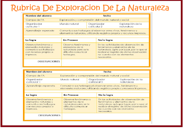 Rubrica De Exploración y Comprensión Del Mundo Natural