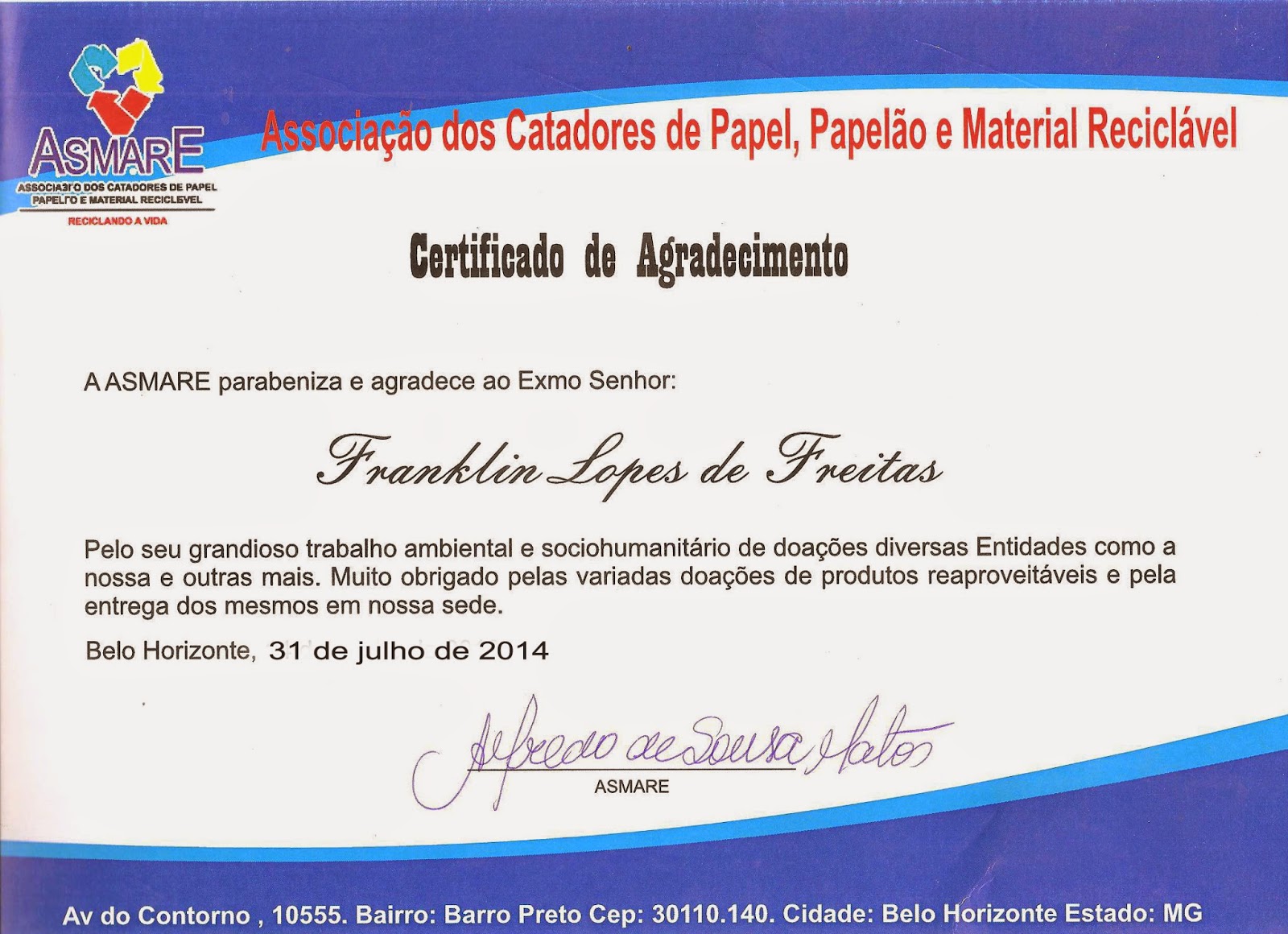 Comendador Franklin: Certificado de Agradecimento da ASMARE