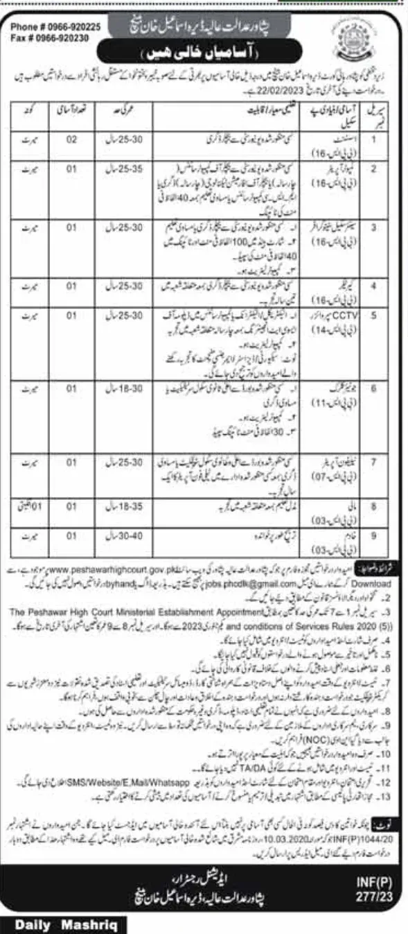 Latest Advertisement of Peshawar High Court DI Khan Jobs 2023