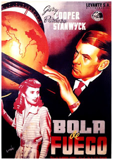 BOLA DE FUEGO. España. Cartel. Arte: Rafael Raga "Ramón". BOLA DE FUEGO. Ball of Fire. 1941. Estados Unidos. Dirección: Howard Hawks. Reparto: Gary Cooper, Barbara Stanwyck, Oskar Homolka, Henry Travers, Tully Marshall, Richard Haydn, S. Z. Sakall, Audrey Mather, Dana Andrews, Dan Duryea, Ralph Peters, Kathleen Howard, Mary Field, Charles Lane, Elisha Cook Jr.