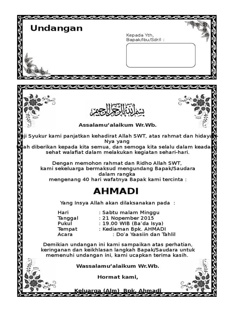 Tahlil yaitu salah satu tradisi yang sangat lekat di masyarakat muslim di Indonesia 7 Contoh Undangan Tahlil / Tahlilan Terlengkap