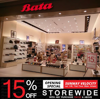 Bata Sunway Velocity Mall Opening Special Promotion 15% Off With Any Purchase Rm120 & Above (17 February 2017 - 16 March 2017)