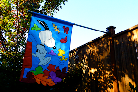 weekend, life, lifestyle, snoopy, woodstock, fall autumn, flag, banner, leaves, tree, garden