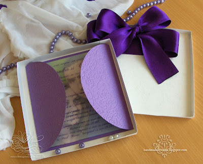 Imagine Wedding Invitations In Boxes Tied With Purple Satin Ribbon