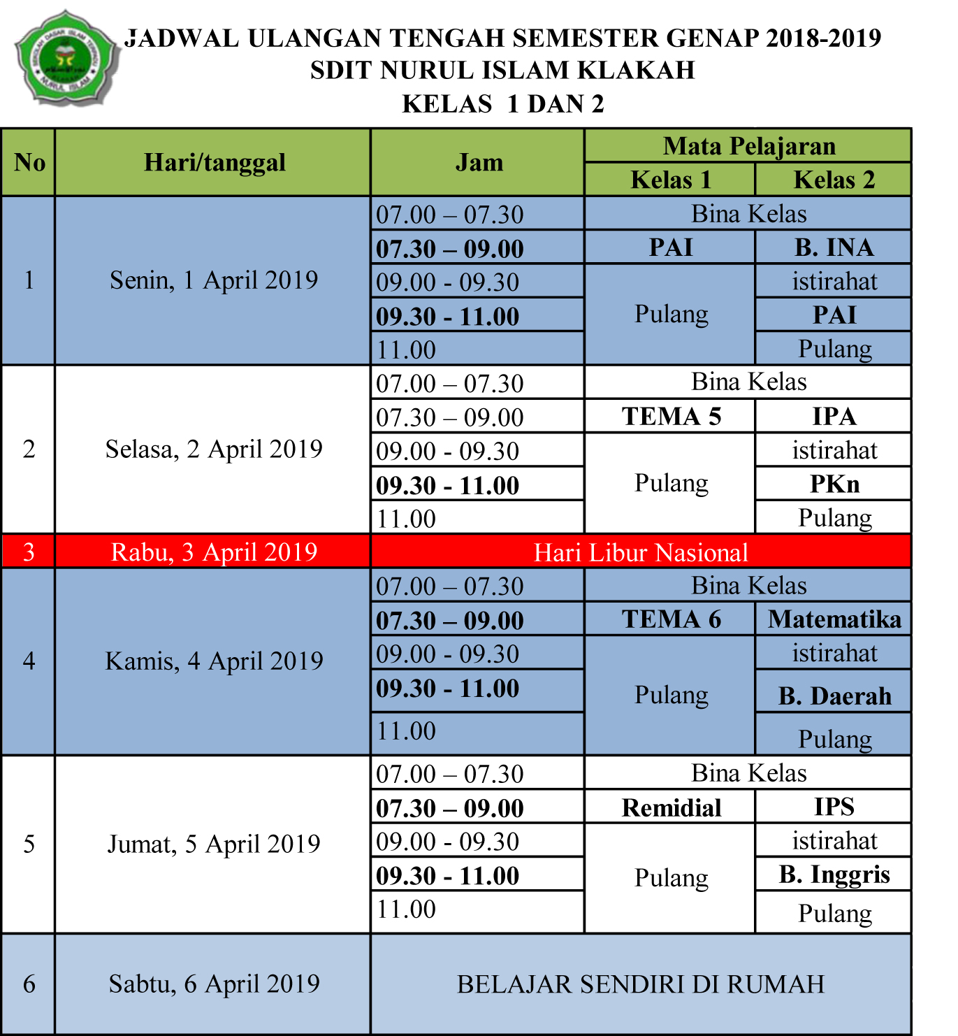 Jadwal UTS Semester Genap 2018 2019