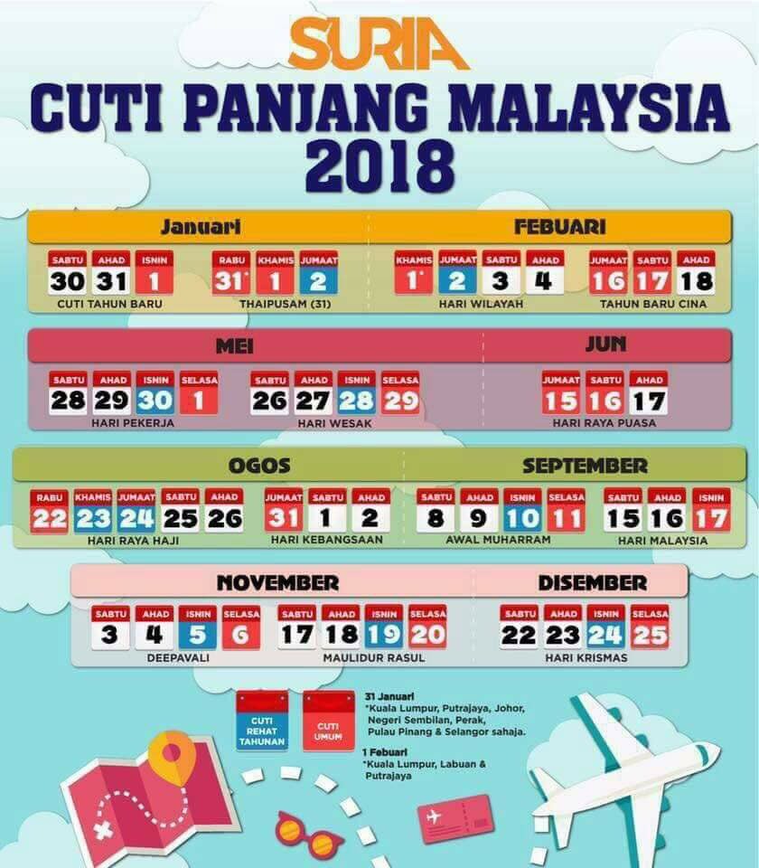 KALENDAR CUTI UMUM & CUTI SEKOLAH 2018 MALAYSIA