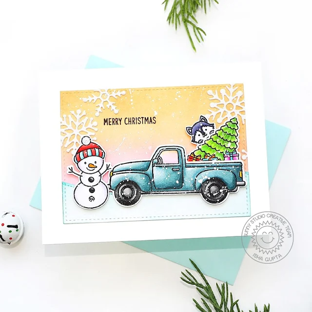 Sunny Studio Stamps: Truckloads Of Fun Winter Themed Christmas Card by Isha Gupta (featuring Feeling Frosty, Lacy Snowflakes, Stitched Rectangle Dies, Slimline DIes)
