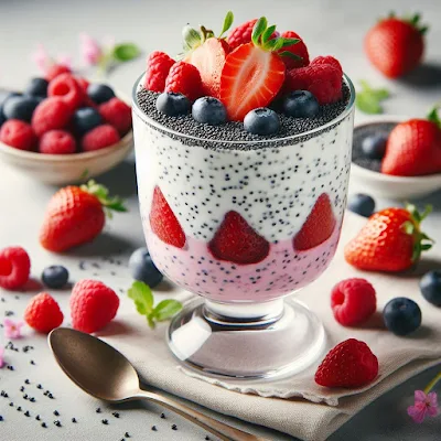 Auf dem Bild ist ein Dessertglas mit Mohnquark und Früchten zu sehen. Auf dem Dessert liegen frische Heidelbeeren, Himbeeren und halbierte Erdbeeren. Ein einfaches aber sehr leckeres Rezept , dass sehr appetitlich aussieht.
