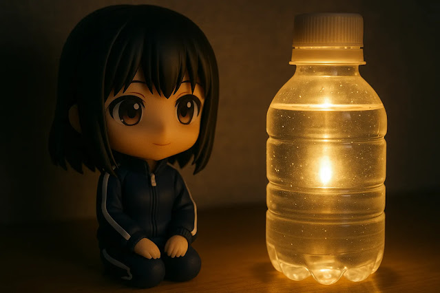 暗がりの中、災害時に使えるペットボトルランタンの温かな光に照らされている、ジャージを着たかわいい黒髪の女の子ねんどろいどのフィギュア