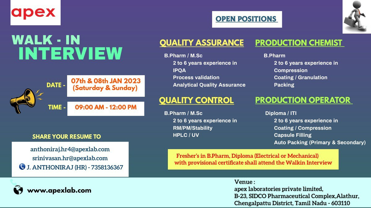 Job Availables,Apex Walk In Interview For Quality Assurance/ Production Chemist/ Quality Control/ Production Operator