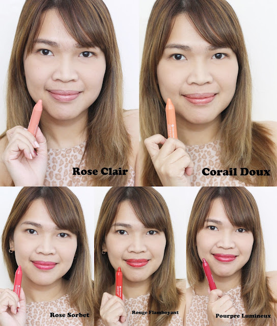 a photo of Yves Rocher Radiant Lip Crayons Review in shades Rose Clair, Corail Doux, Rose Sorbet, Rouge Flamboyant and Pourpre Lumineux