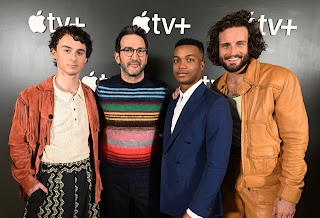 Wyatt Oleff, Josh Schwartz, Executive Producer/Showrunner, Xavier Clyde, and Nico Tortorella from “City on Fire” at the Apple TV+ 2023 Winter TCA Tour at The Langham Huntington Pasadena.