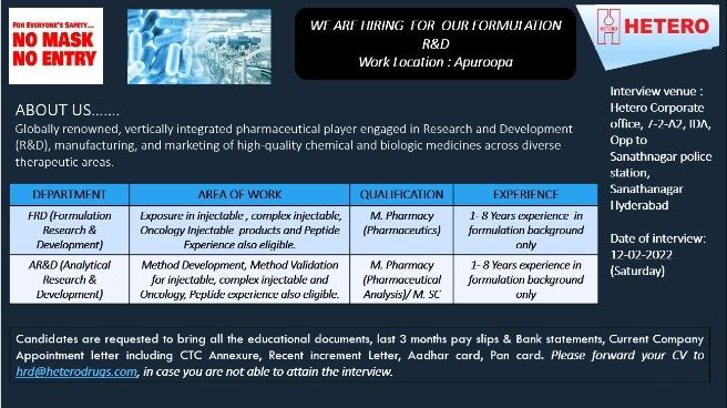 Job Availables,Hetero Job Vacancy For M.Pharm/ MSc