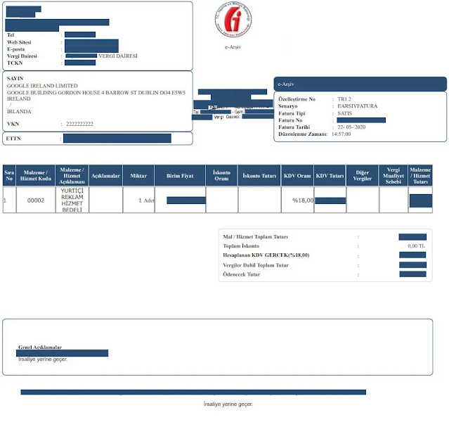 Google AdSense'ye Kesilen Fatura Örneği