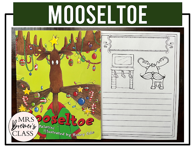 Mooseltoe book activities unit with literacy printables, reading companion activities, lesson ideas, and a craft for Kindergarten and First Grade