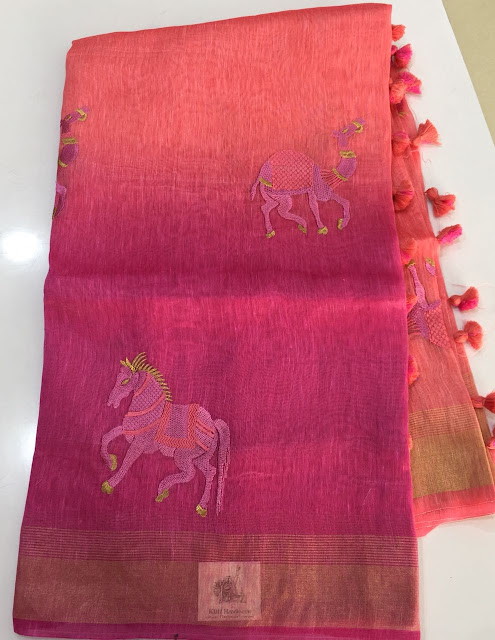 Pure Handloom Lenin Sarees with Embroidery Work