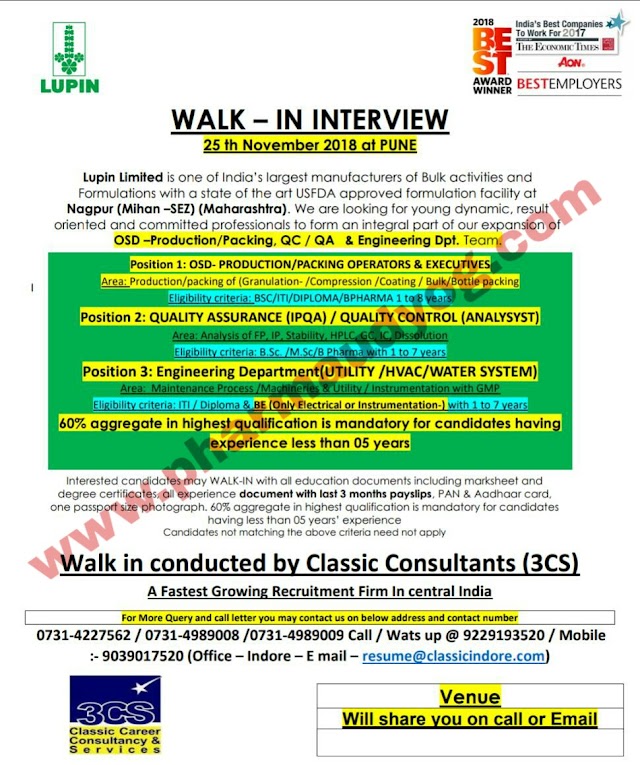 Lupin | Walk-In Interview For Production/QA/Engineering | 25th November 2018 | Pune 