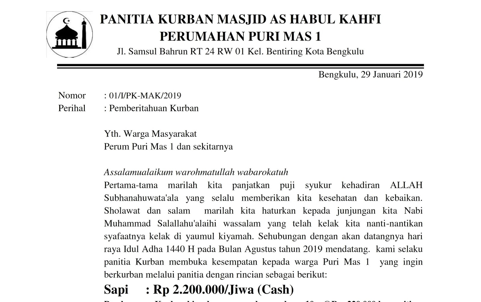 Contoh Surat Pemberitahuan Kurban Masjid Petualang