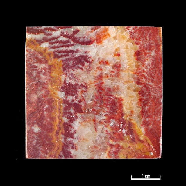 Marble specimen. Red Onyx. Ain Smara Quarries, Algeria.  Red Onyx. Alternative name: Rouge Agate. Specimen description: Crimson with white, pink, purple and orange veins and mottled markings. M Marius Cantini, Marseilles. 