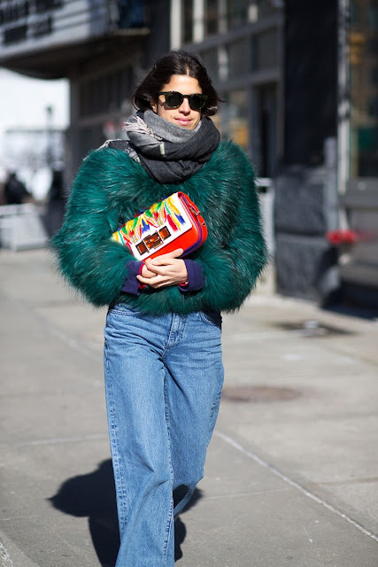 Leandra Medine green faux fur coat NYFW