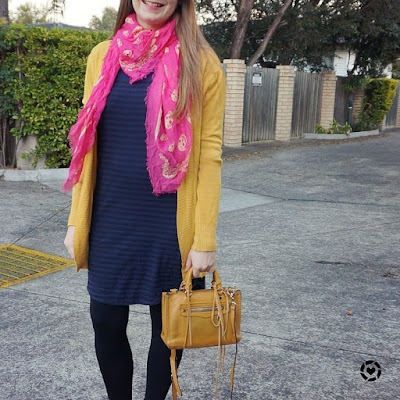 awayfromblue instagram pink navy and mustard yellow striped tee dress work from home outfit winter