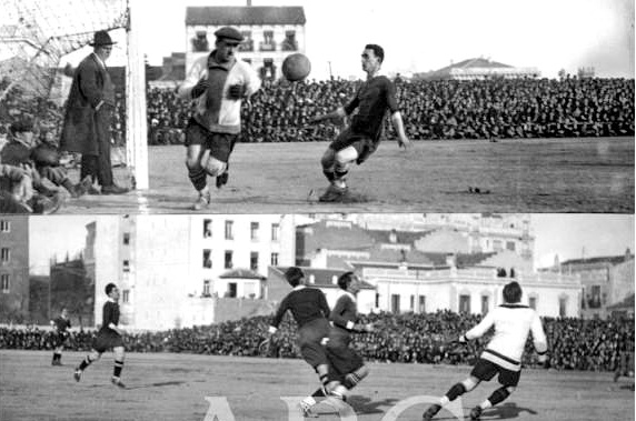 Diversas jugadas del partido de entrenamiento. Unos días antes del partido ESPAÑA – PORTUGAL (16/12/1923) se jugó un partido de entrenamiento en Madrid para decidir los hombres que compondrían el equipo titular. SELECCIÓN DE LOS PROBABLES 3 SELECCIÓN DE LOS POSIBLES 1 Miércoles 12/12/1923. Entrenamiento con público. Madrid, campo del Racing de Madrid.