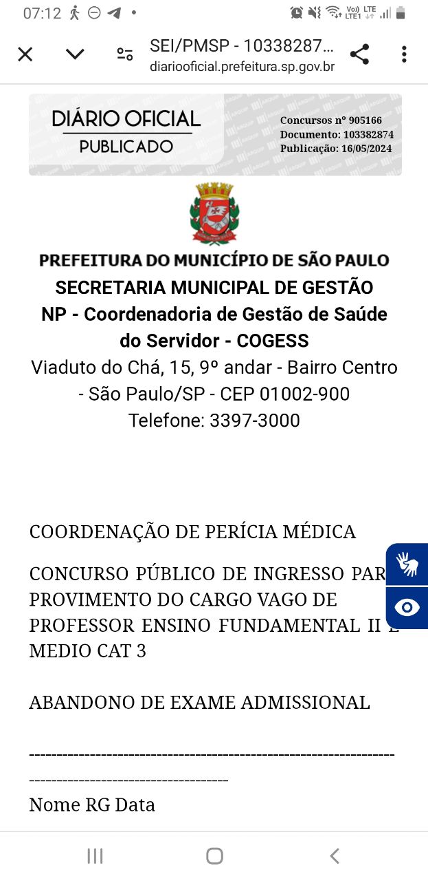 Concurso público educação infantil e PEIF I,II e médio: candidatos ausentes na avaliação médica